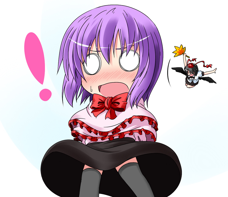 ichimi, nagae iku, shameimaru aya, touhou, !, 2girls, ^^^, black hair, blush, bow, camera, chibi, female focus, hat, leaf, multiple girls, o o, open mouth, purple hair, surprised, thighhighs, tokin hat, upskirt, wings