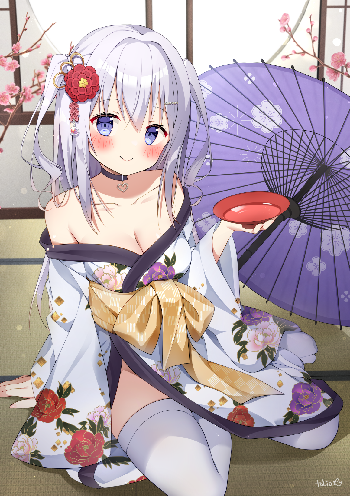 tobio illust, original, commentary request, highres, 1girl, bare shoulders, blue eyes, blush, breasts, cleavage, closed mouth, collarbone, cowboy shot, cup, flower, grey hair, hair between eyes, hair ornament, hairclip, holding, holding cup, japanese clothes, kimono, long hair, long sleeves, looking at viewer, medium breasts, off shoulder, oil-paper umbrella, red flower, sakazuki, sitting, smile, solo, thighhighs, two side up, umbrella, white kimono, white thighhighs, wide sleeves