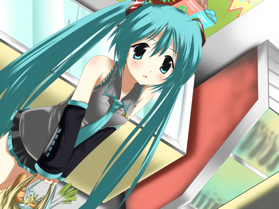 hatsune miku, vocaloid, aqua eyes, aqua hair, bread, detached sleeves, fish, fish (food), food, long hair, necktie, shopping, skirt, solo, spring onion, twintails, very long hair
