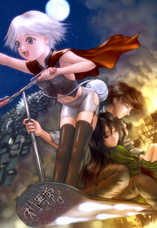 s zenith lee, vehicle, armpits, bare shoulders, black hair, blood, brown hair, cape, city, fire, flying, injury, long hair, moon, motor vehicle, rescue, scooter, short hair, smoke, surreal, thighhighs, town, white hair