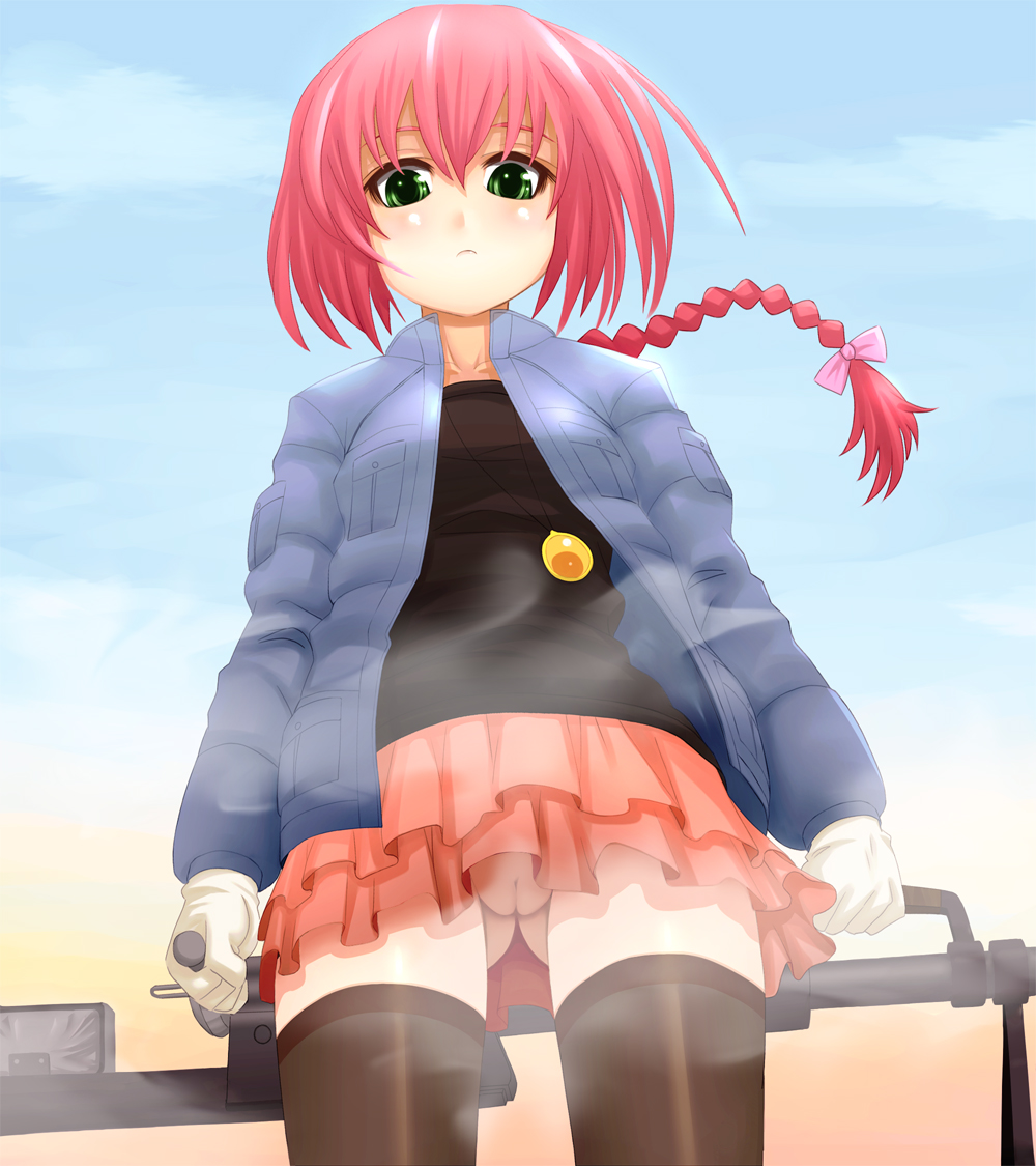 ebi tendon, suou pavlichenko, darker than black, 00s, 1girl, alternate legwear, anti-materiel rifle, black thighhighs, blush, braid, female focus, from below, gloves, green eyes, gun, long hair, looking down, no panties, pussy, red hair, rifle, skirt, sniper rifle, solo, thighhighs, upskirt, weapon, zettai ryouiki