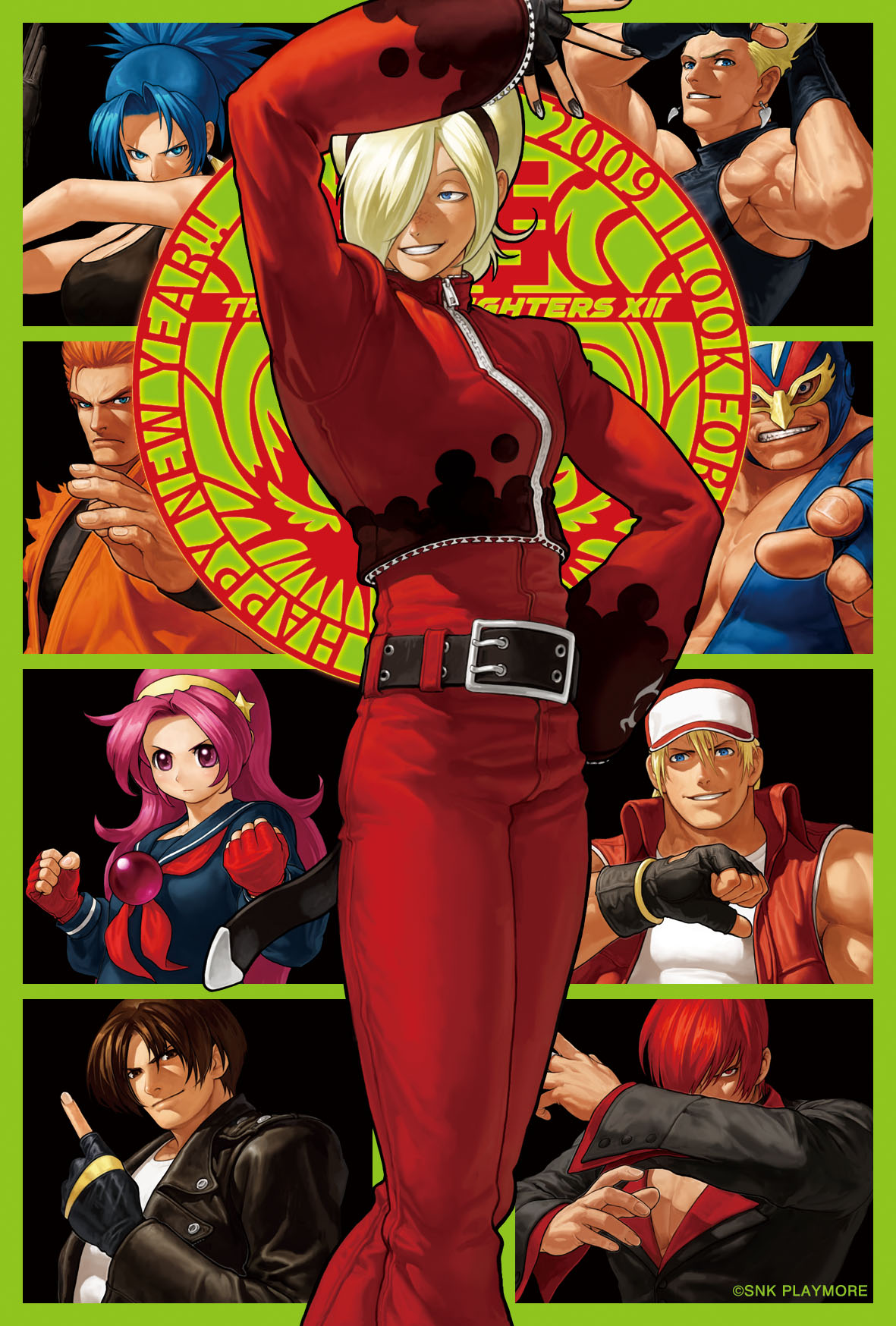ogura eisuke, asamiya athena, ash crimson, kusanagi kyou, leona heidern, nikaido benimaru, nikaidou benimaru, raiden (snk), ryou sakazaki, terry bogard, yagami iori, metal gear (series), snk, the king of fighters, the king of fighters xii, highres, official art, 2girls, 6+boys, belt, blonde hair, blue eyes, blue hair, brown eyes, brown hair, clenched hands, earrings, fingerless gloves, gloves, grin, hair over one eye, hairband, hand on own hip, hat, jacket, jewelry, leather, leather jacket, long hair, mask, multiple boys, multiple girls, muscular, nail polish, pink hair, purple eyes, red eyes, red hair, school uniform, serafuku, short hair, smile, zipper