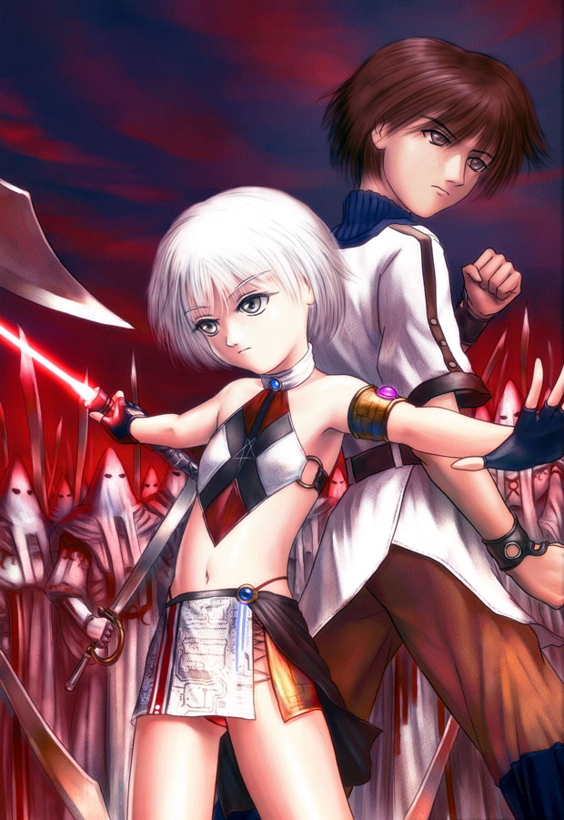 s zenith lee, 1boy, 1girl, armpits, bare shoulders, brown hair, energy sword, fingerless gloves, flat chest, gloves, grey eyes, ku klux klan, lightsaber, navel, panties, scimitar, short hair, skirt, surrounded, sword, thong, underwear, weapon, white hair