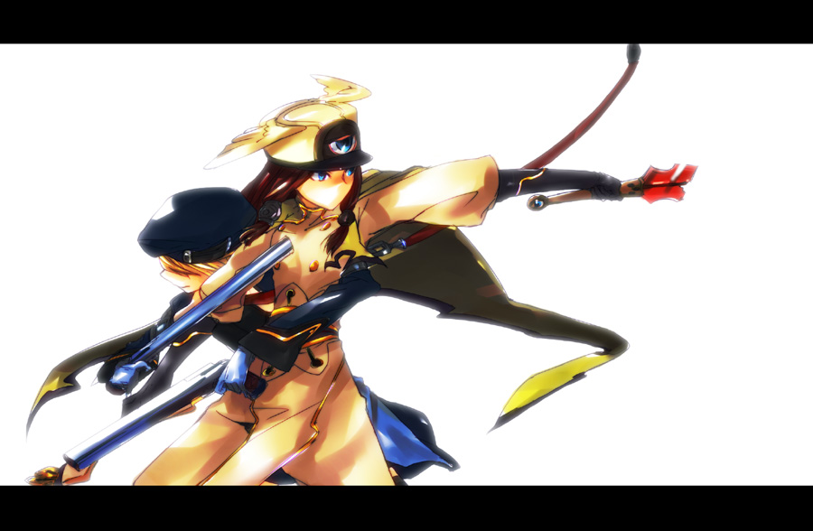 @unko, noel vermillion, tsubaki yayoi, arc system works, blazblue, blazblue: continuum shift, 2girls, battle, beret, blonde hair, blue eyes, gun, handgun, hat, head wings, letterboxed, multiple girls, red hair, sword, weapon, wings