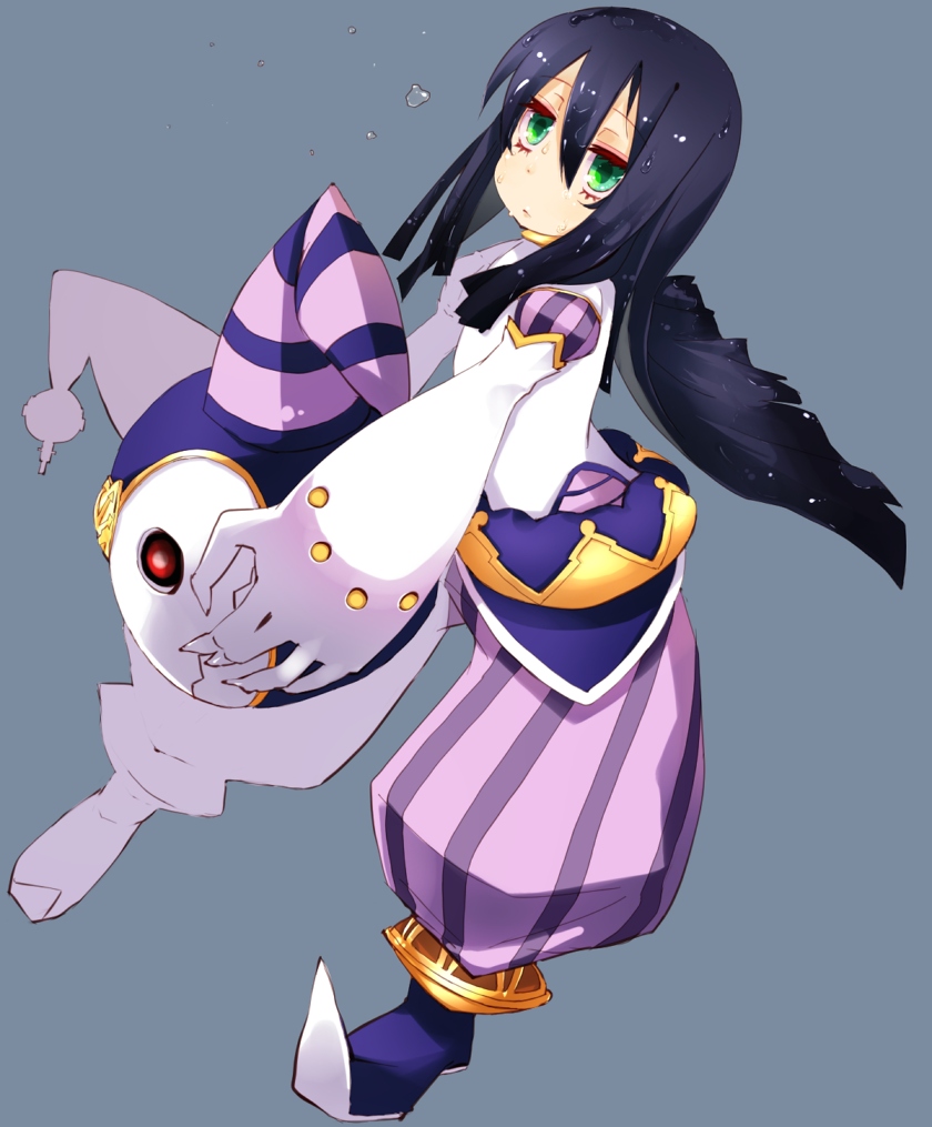 hato haru, soma (ar tonelico), ar tonelico, ar tonelico iii, gust, costume, striped, 00s, 1girl, blue hair, female focus, full body, green eyes, hat, jester, jester cap, long hair, pointy shoes, shoes, simple background, solo, sweat