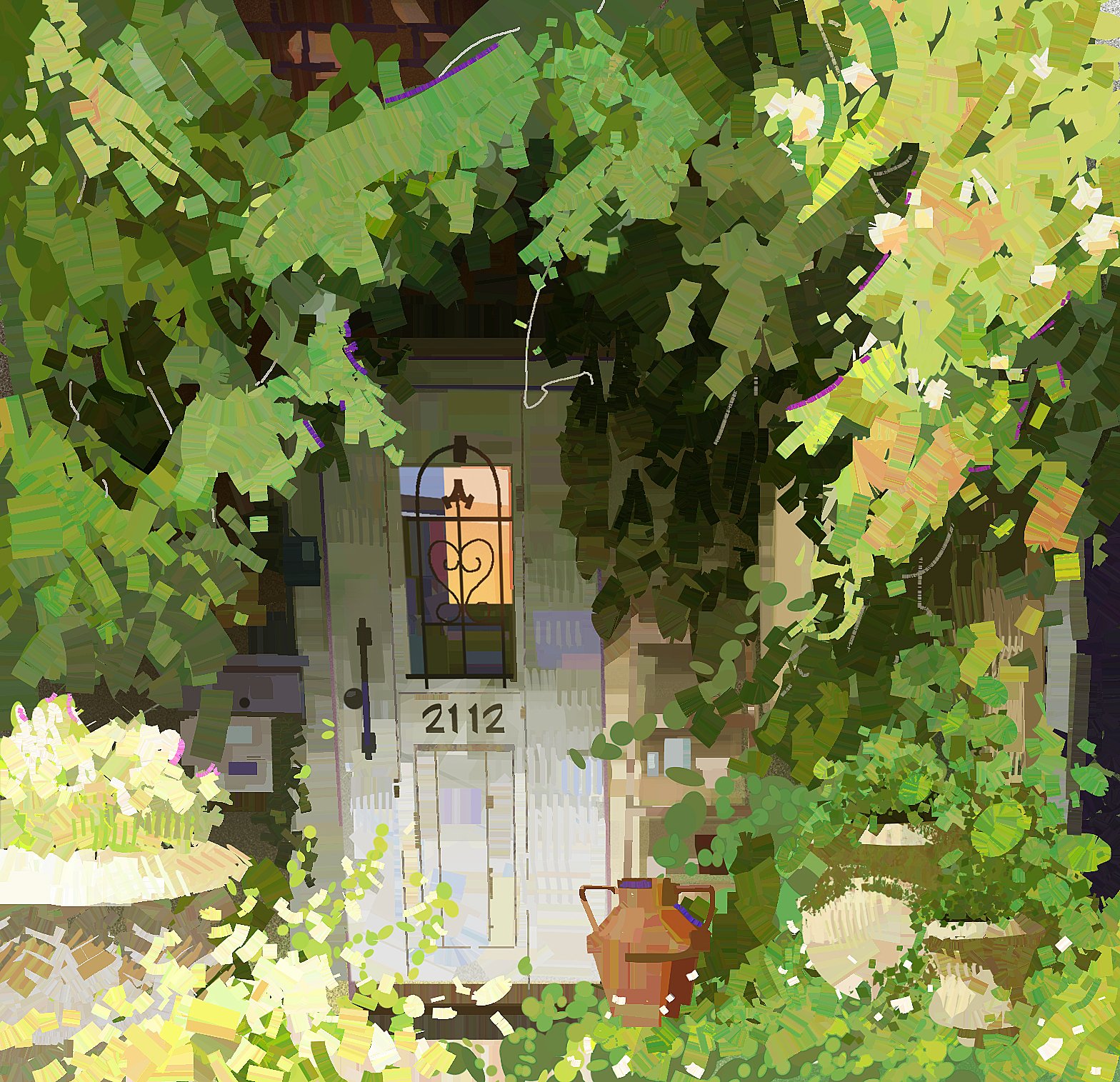 anthony brault, original, highres, bottle, day, door, garden, no humans, outdoors, painterly, pixel art, scenery, tree