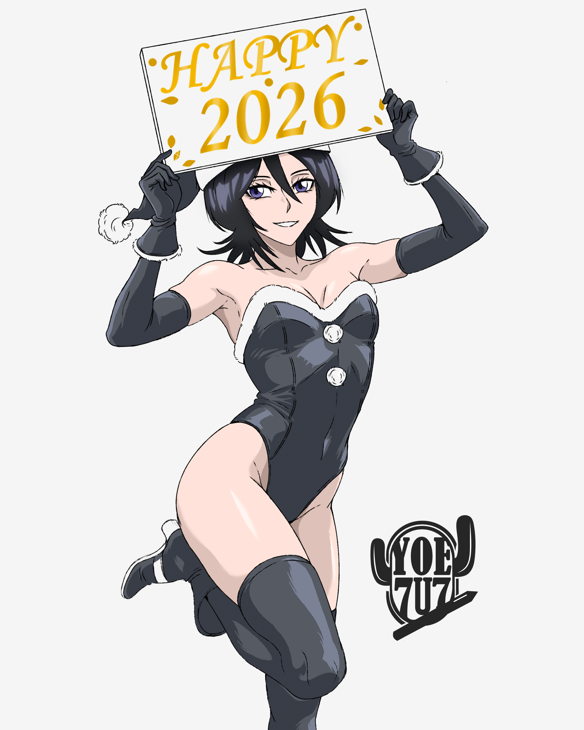 yoe 7u7, kuchiki rukia, bleach, absurdres, highres, 2026, artist name, bare shoulders, black hair, black thighhighs, breasts, collarbone, elbow gloves, gloves, happy new year, hat, holding, holding sign, leotard, medium hair, new year, santa hat, sign, simple background, small breasts, strapless, strapless leotard, thighhighs, thighs
