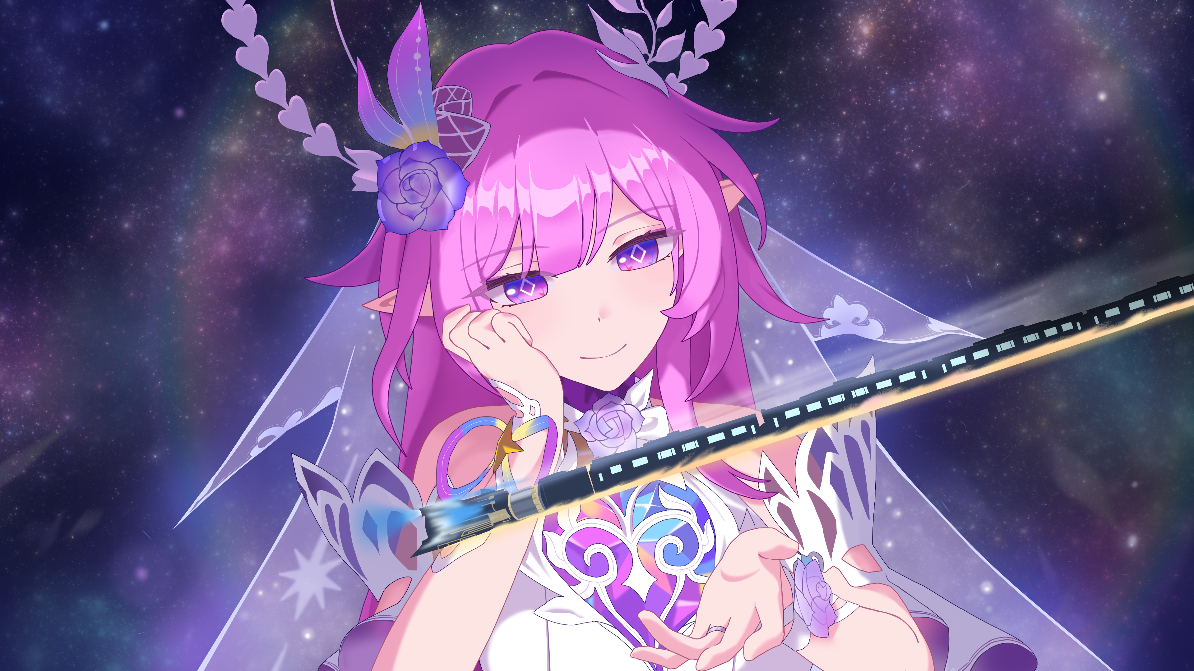 cyrene (demiurge) (honkai: star rail), cyrene (honkai: star rail), honkai: star rail, honkai (series), absurdres, commentary request, highres, 1girl, astral express (honkai: star rail), bare shoulders, breasts, bridal veil, diamond-shaped pupils, diamond (shape), dress, flower, giant, giantess, hair flower, hair ornament, halo, large breasts, long hair, luluo, pink hair, pointy ears, purple eyes, smile, solo, space, symbol-shaped pupils, veil, very long hair, white dress