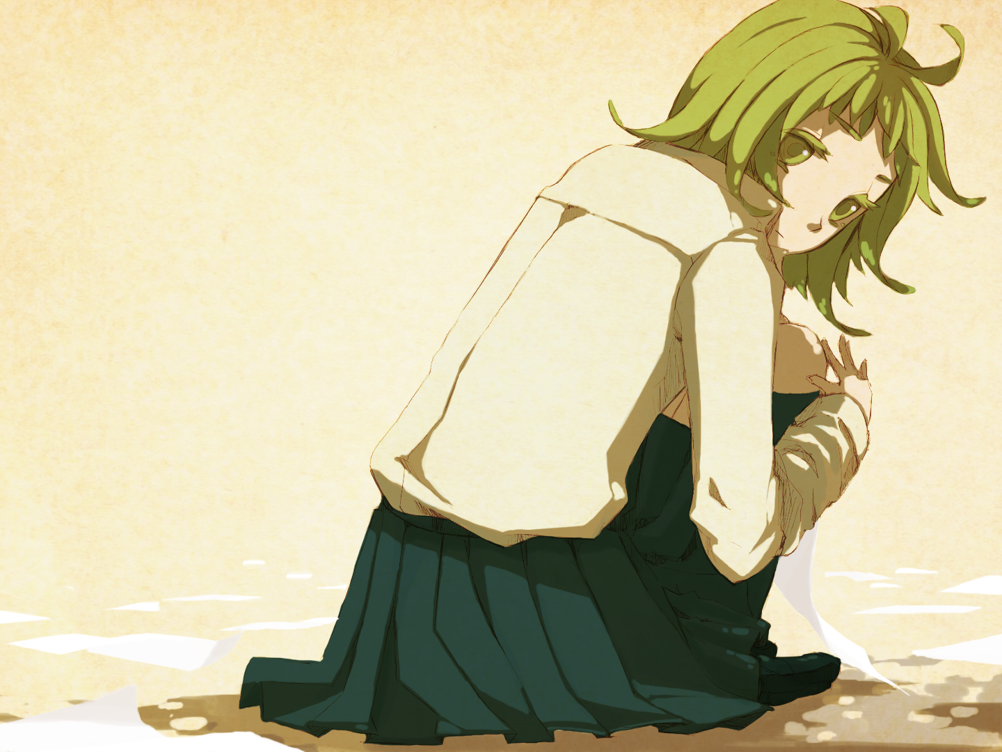 72 (nananatsu), gumi, kimi ni gomen ne (vocaloid), vocaloid, bad id, bad pixiv id, 1girl, back, eyelashes, female focus, from behind, green eyes, green hair, looking back, pleated skirt, school uniform, short hair, sitting, skirt, socks, solo, squatting