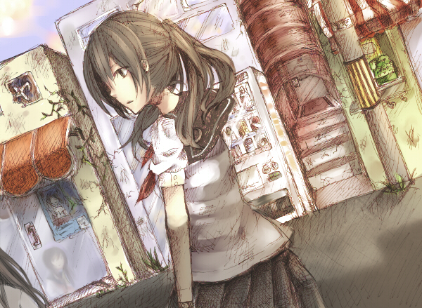 anzu (astro75), original, bad id, bad pixiv id, 1girl, brown hair, female focus, outdoors, ponytail, ribbon, school uniform, sky, solo