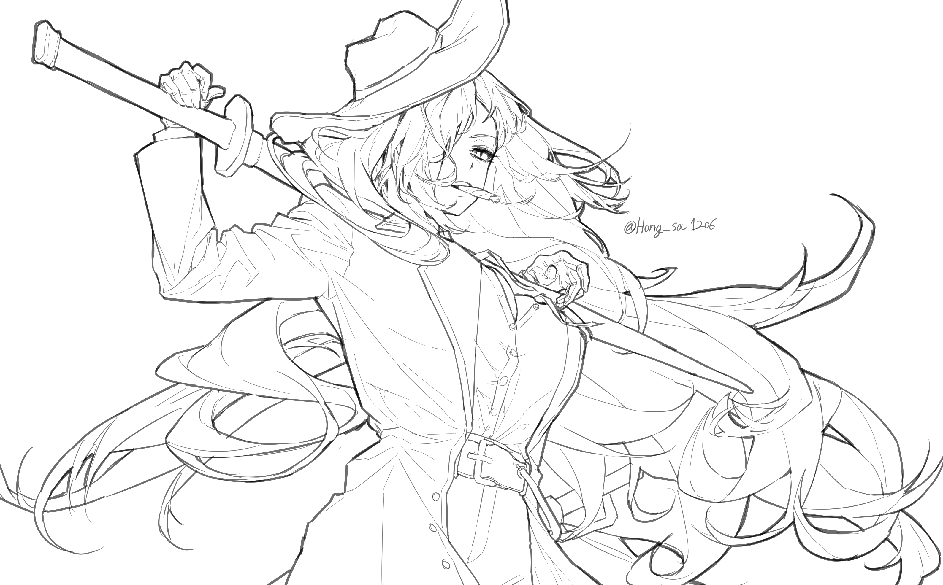 valencina (project moon), limbus company, project moon, commentary, english commentary, highres, 1girl, belt, breasts, cigar, cleavage, coat, gloves, hair over eyes, hat, hong sa, jacket, large breasts, long hair, looking at viewer, monochrome, shirt, simple background, sketch, solo, twitter username, upper body