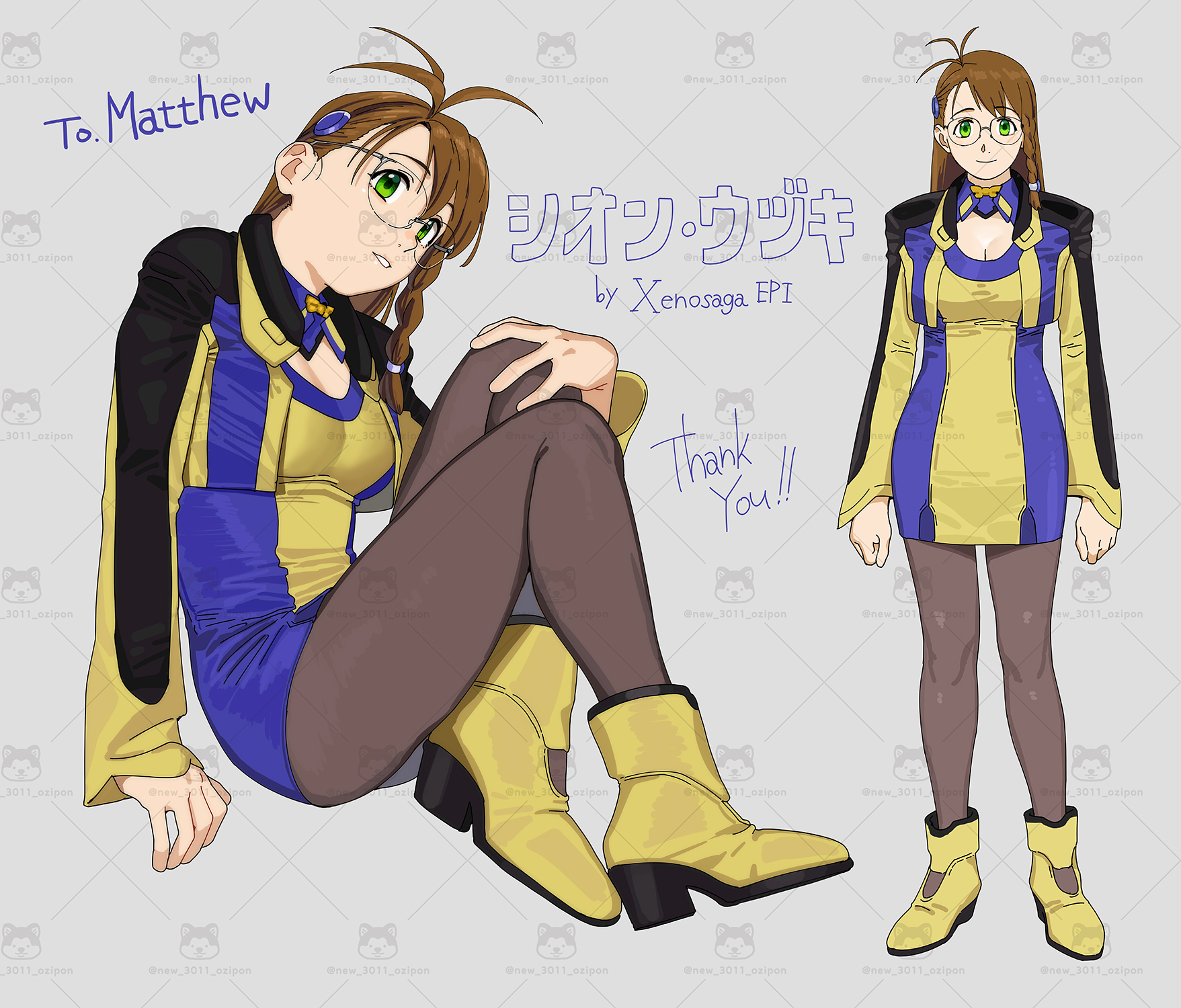 ojipon, shion uzuki, xenosaga, xenosaga episode i, commentary request, commission, highres, skeb commission, 1girl, black pantyhose, boots, braid, breasts, brown hair, character name, cleavage, closed mouth, cropped jacket, glasses, green eyes, grey background, high heel boots, high heels, jacket, large breasts, long sleeves, multiple views, pantyhose, side braid, simple background, sitting, standing, watermark, yellow boots