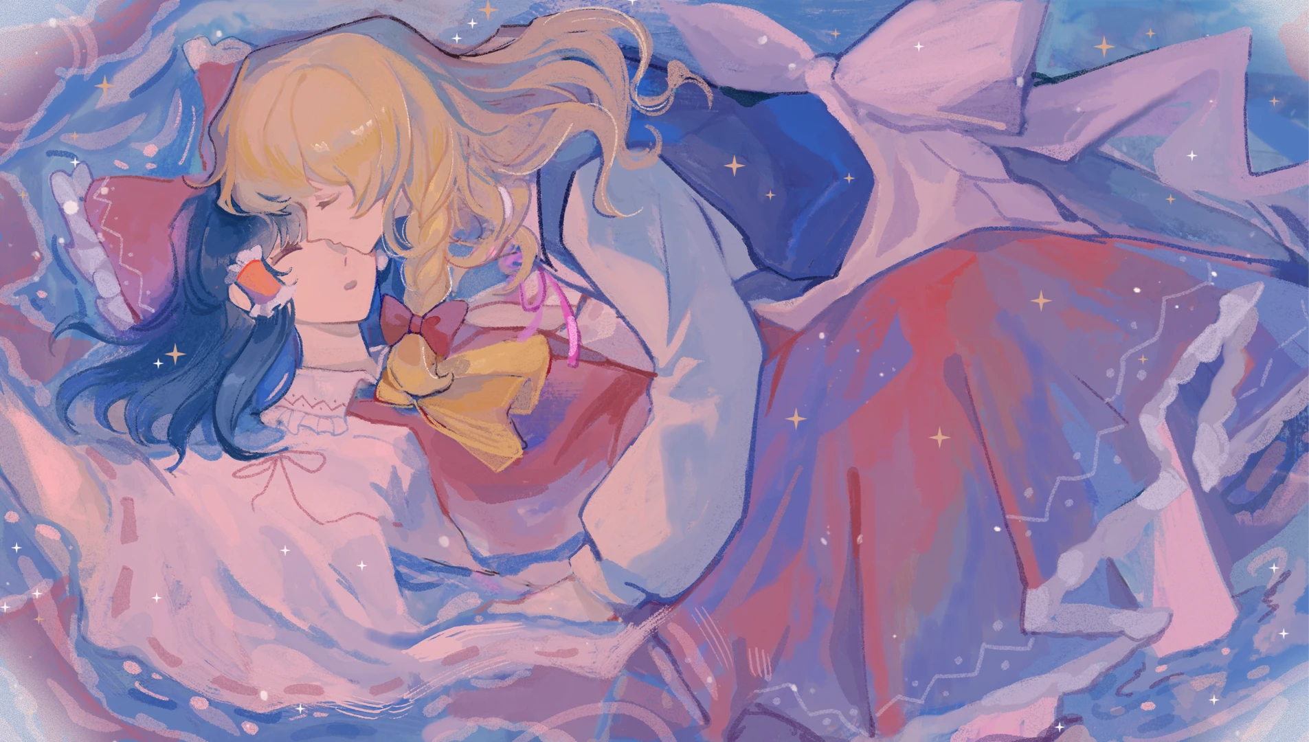 hakurei reimu, kirisame marisa, touhou, chinese commentary, commentary request, highres, 2girls, apron, ascot, black hair, black skirt, black vest, blonde hair, bohe qingning bafei, bow, braid, closed eyes, frilled bow, frilled hair tubes, frills, hair bow, hair tubes, imminent kiss, long hair, long sleeves, multiple girls, neck ribbon, no headwear, pink ribbon, red bow, red skirt, ribbon, ribbon-trimmed sleeves, ribbon trim, side braid, single braid, skirt, skirt set, vest, waist apron, yellow ascot, yuri