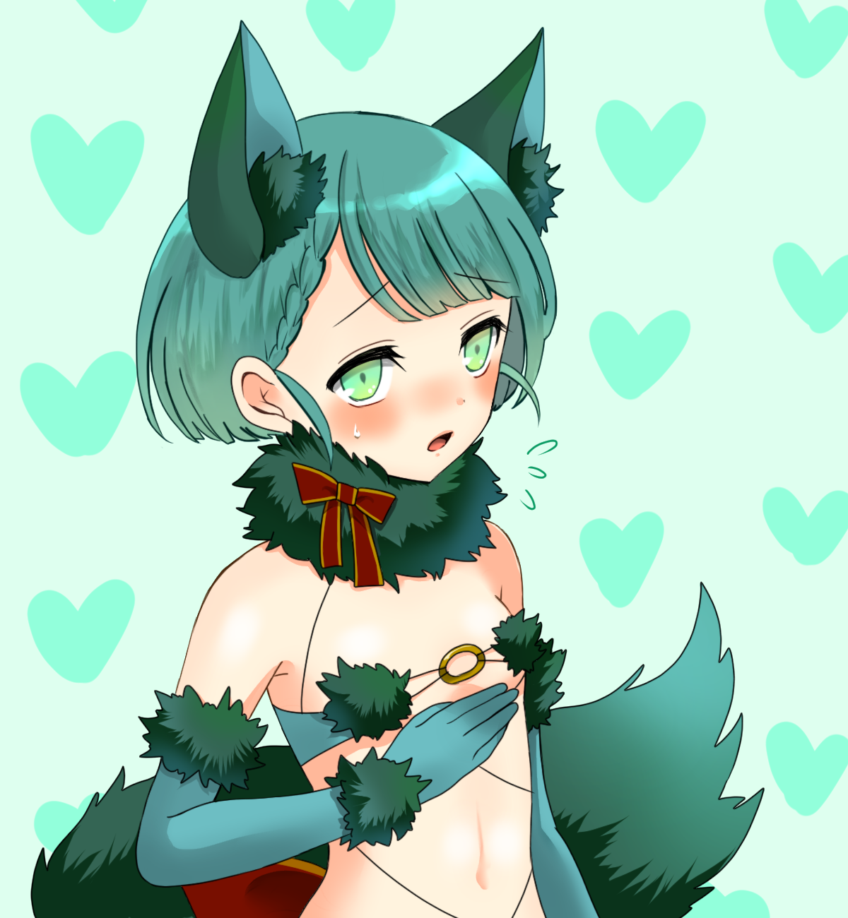 mash kyrielight, mash kyrielight (dangerous beast), fate/grand order, fate/requiem, fate (series), commentary request, highres, 1girl, animal ears, bare shoulders, blush, bow, braid, braided bangs, breasts, cosplay, elbow gloves, fur-trimmed gloves, fur collar, fur trim, gloves, green eyes, green gloves, green hair, heart, heart background, koharu f riedenflaus, mash kyrielight (dangerous beast) (cosplay), moco (tkfdmtkw), navel, o-ring, red bow, revealing clothes, short hair, small breasts, solo, sweatdrop, tail, thighhighs, wolf ears, wolf tail