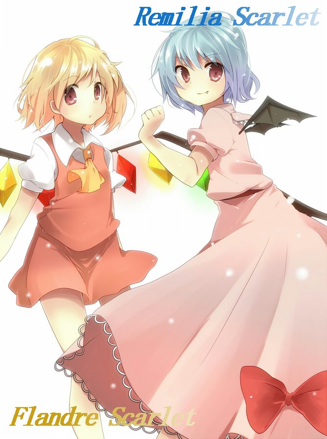 yuzuha (artist), flandre scarlet, remilia scarlet, touhou, bad id, bad pixiv id, >:), 2girls, bat wings, blonde hair, blue hair, bow, character name, crystal, dress, fang, female focus, multiple girls, no headwear, pink dress, purple hair, red eyes, red skirt, short hair, siblings, sisters, skirt, v-shaped eyebrows, wings