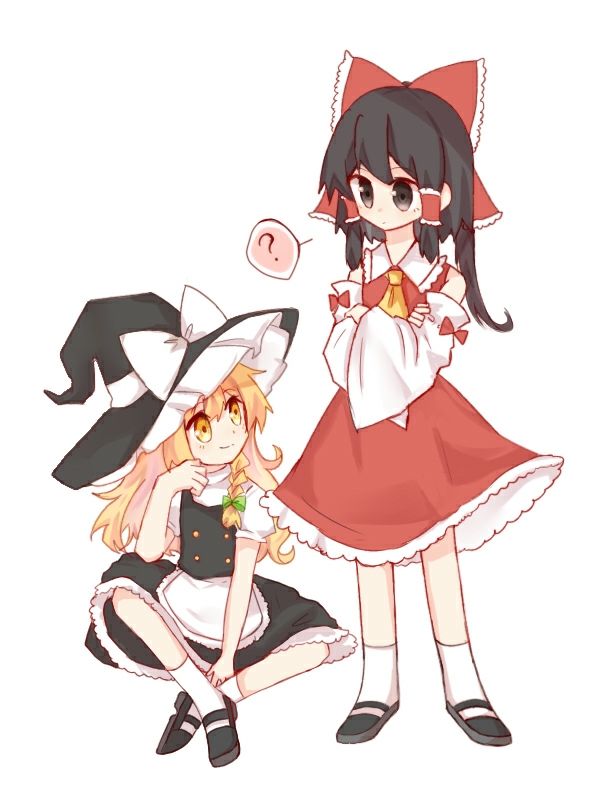 hakurei reimu, kirisame marisa, touhou, chinese commentary, commentary request, 2girls, ?, apron, ascot, black eyes, black hair, black hat, black shoes, black skirt, black vest, blonde hair, bow, braid, crossed arms, detached sleeves, eye contact, frilled bow, frilled hair tubes, frilled skirt, frills, green bow, hair bow, hair tubes, hat, hat bow, long hair, looking at another, mary janes, multiple girls, nizi nnz, puffy short sleeves, puffy sleeves, red bow, red skirt, shoes, short sleeves, side braid, simple background, single braid, sitting, skirt, skirt set, smile, socks, spoken question mark, vest, waist apron, white apron, white background, white bow, white socks, witch hat, yellow ascot, yellow eyes