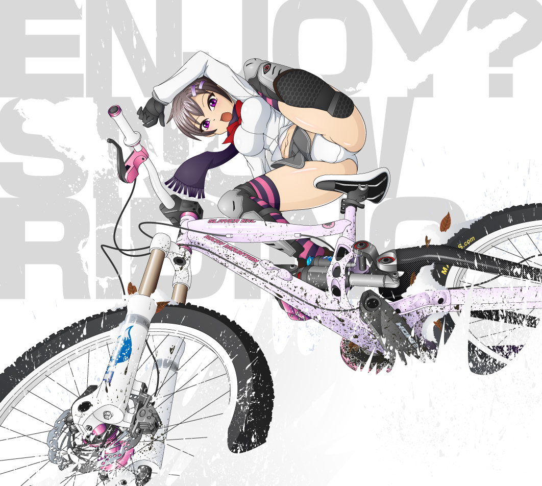 karaage3000kei, shiiyama takehito, imamura chouko, original, bad id, bad pixiv id, 1girl, bicycle, breasts, feet, female focus, impossible clothes, impossible shirt, miniskirt, open mouth, panties, pantyshot, purple eyes, scarf, shirt, short hair, skirt, solo, thighhighs, underwear
