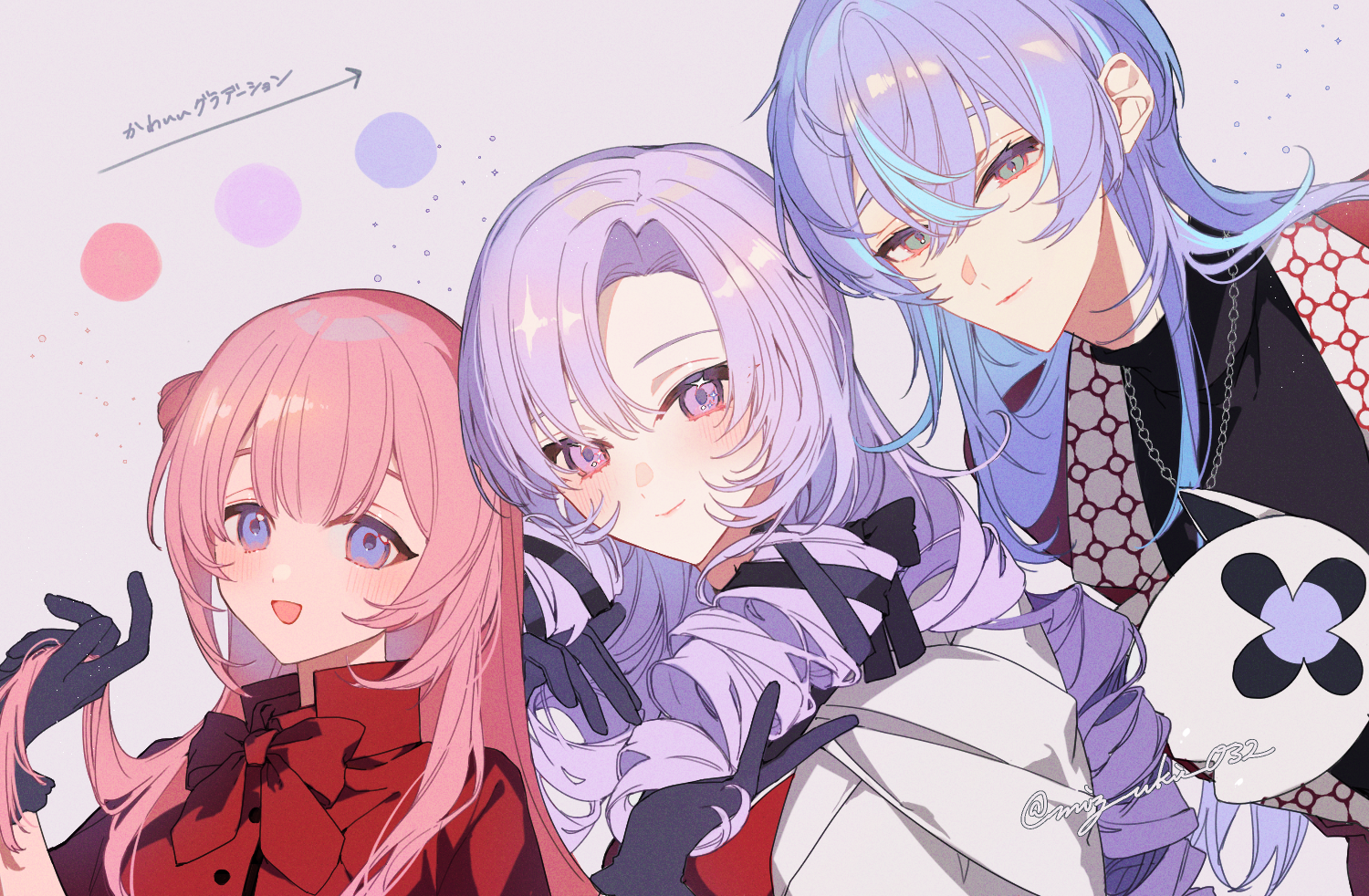 mizuki (mz), hoshirube sho, hyakumantenbara salome, otomo (hoshirube sho), suo sango, nijisanji, commentary request, translation request, 1boy, 2girls, black gloves, black shirt, blue eyes, blue hair, blush, bow, closed mouth, color guide, drill hair, gloves, green eyes, grey background, jacket, jewelry, long hair, long sleeves, looking at viewer, multicolored hair, multiple girls, necklace, open mouth, pink hair, purple eyes, purple hair, red bow, red jacket, red shirt, shirt, sidelocks, simple background, smile, streaked hair, twitter username, virtual youtuber, white jacket