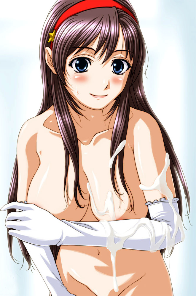 asamiya athena, snk, the king of fighters, blue eyes, blush, breasts, cum, cum on body, cum on breasts, cum on upper body, gloves, large breasts, long hair, nude, purple hair, smile