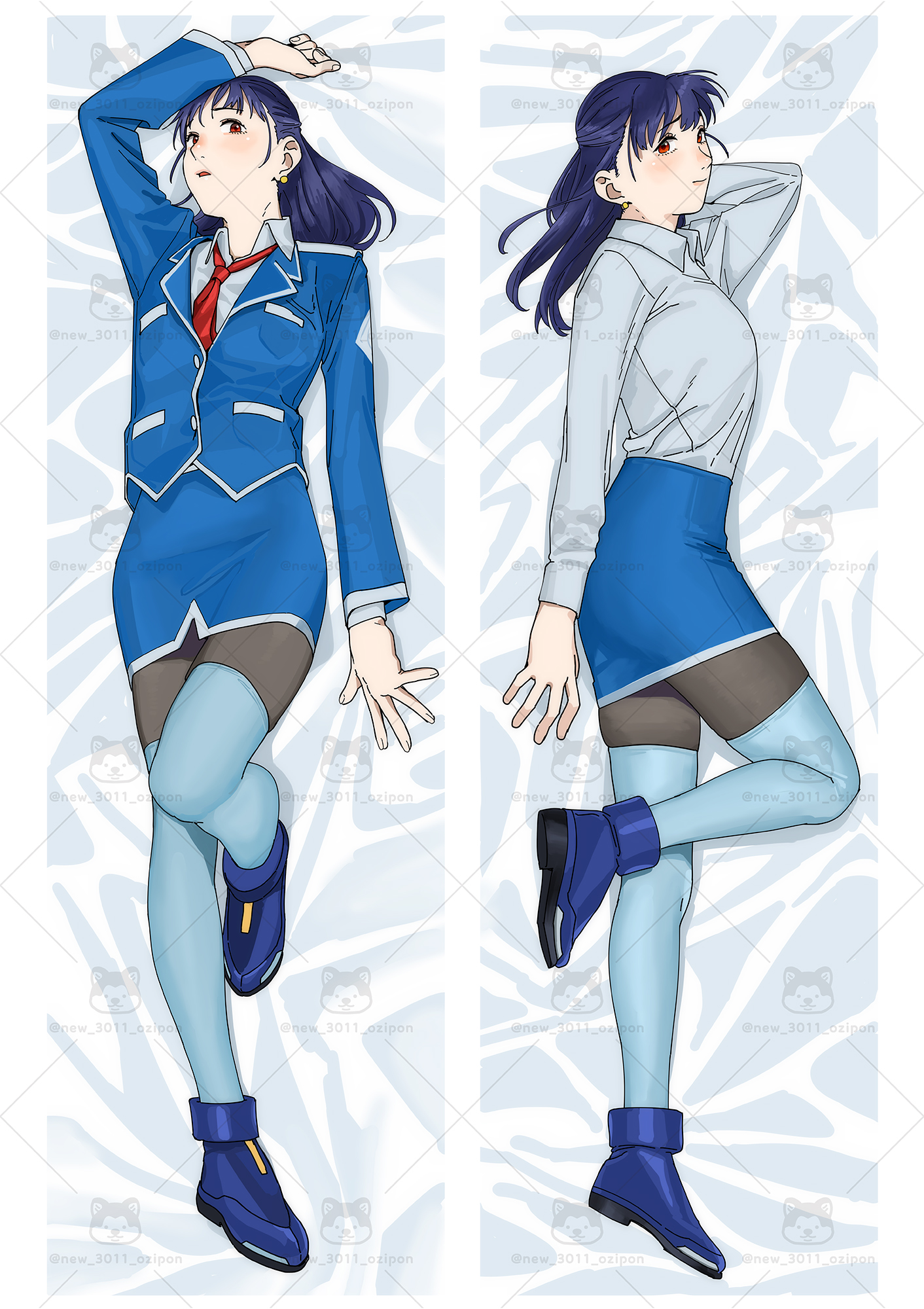 ojipon, original, commentary request, highres, 1girl, arm up, bed sheet, black pantyhose, blue boots, blue hair, blue jacket, blue skirt, blue thighhighs, boots, breasts, closed mouth, collared shirt, dakimakura (medium), earrings, grey shirt, jacket, jewelry, long hair, lying, medium breasts, multiple views, necktie, on back, on side, pantyhose, parted lips, pencil skirt, red eyes, red necktie, shirt, skirt, stud earrings, thighhighs, thighhighs over pantyhose, watermark