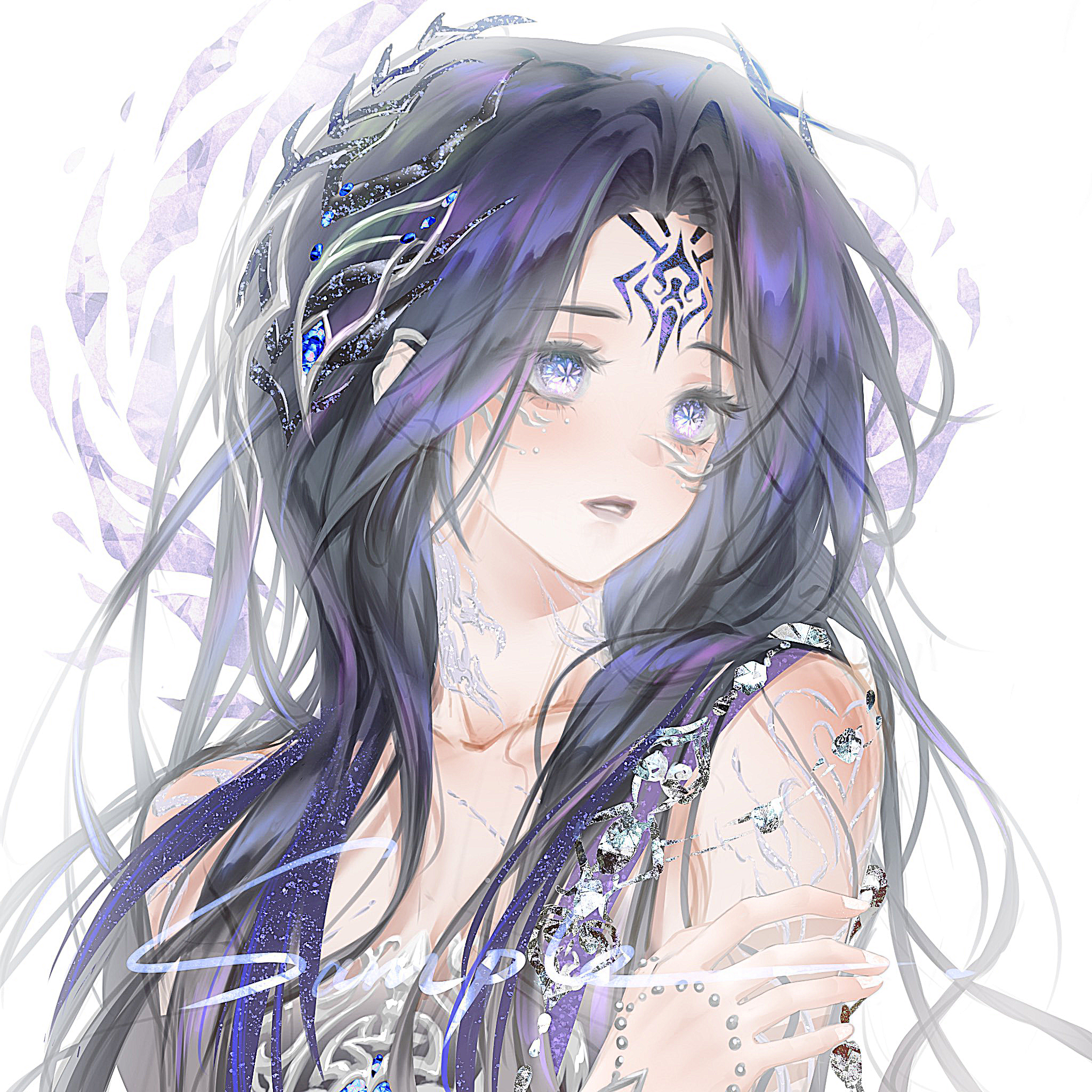 born flawless (infinity nikki), infinity nikki, nikki (series), chinese commentary, commentary request, commission, highres, 1girl, bare shoulders, beads, collarbone, cracked skin, cxevil, dress, facepaint, grey dress, hair half over shoulder, hair ornament, jewelry, long hair, looking to the side, official alternate color, purple hair, sample watermark, simple background, solo, strapless, strapless dress, upper body, watermark, white background