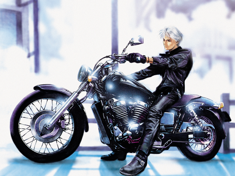 homare (fool's art), k' (kof), snk, the king of fighters, 1boy, boots, bracelet, gloves, jacket, jewelry, leather, leather jacket, leather pants, male focus, motor vehicle, motorcycle, pants, sitting, solo, white hair