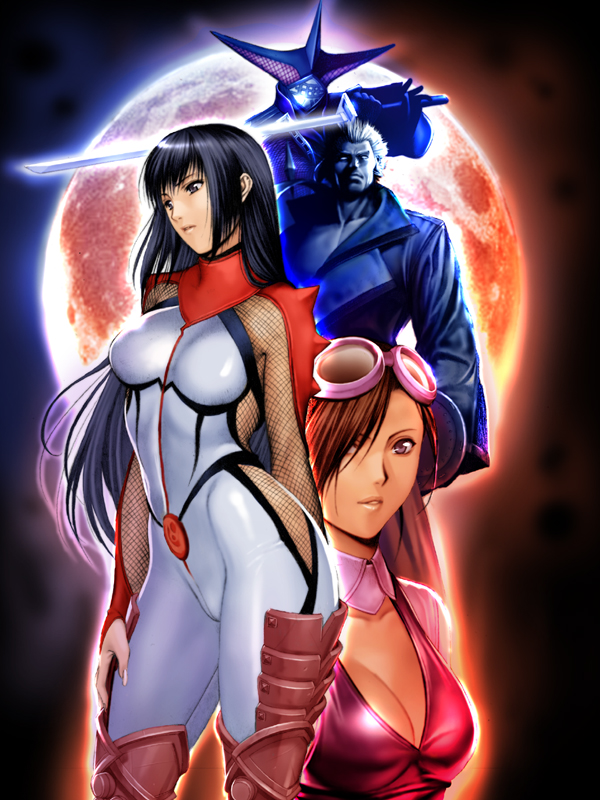 homare (fool's art), hibana, hisui (kunoichi), jimushi, kurohagane, kunoichi (game), sega, shinobi (game), hand on thigh, 2boys, 2girls, black eyes, black hair, bodysuit, breasts, brown hair, cleavage, curvy, everyone, fishnets, full moon, glowing, goggles, goggles on head, hip focus, leather, long hair, mask, moon, multiple boys, multiple girls, ninja, purple eyes, shiny clothes, short hair, skin tight, standing, sword, very long hair, weapon, white hair