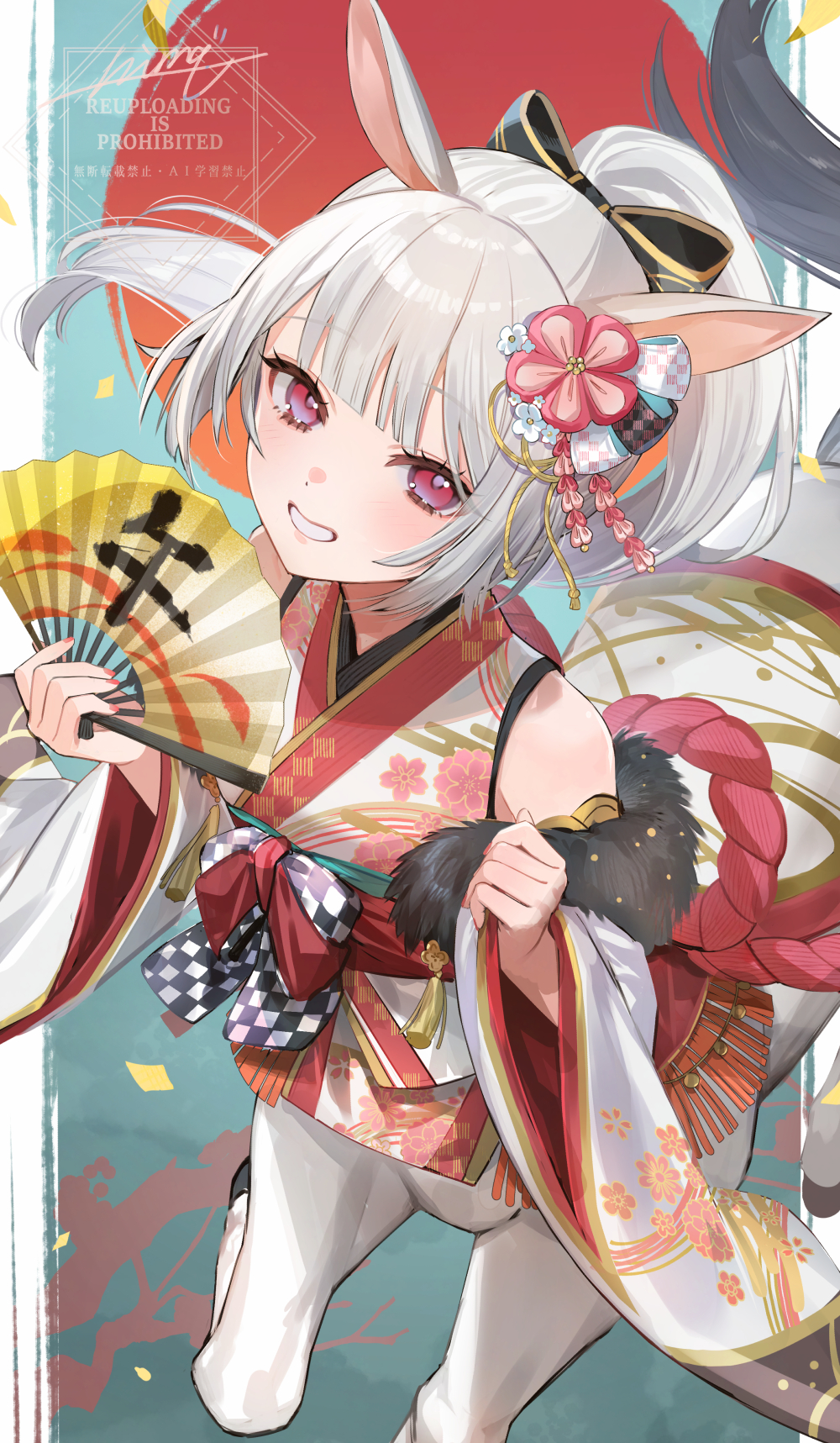 nima (niru54), original, commentary, highres, 1girl, animal ears, bare shoulders, black bow, blunt bangs, bow, centaur, chinese zodiac, detached sleeves, folding fan, grin, hair bow, hand fan, holding, holding fan, hooves, horse ears, horse tail, japanese clothes, kimono, long hair, looking at viewer, monster girl, multiple legs, obi, pink eyes, ponytail, print kimono, rope, sash, shimenawa, signature, sleeveless, sleeveless kimono, smile, solo, standing, standing on three legs, tail, taur, teeth, watermark, white hair, white kimono, white sleeves, year of the horse