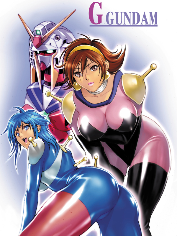 homare (fool's art), allenby beardsley, rain mikamura, g gundam, gundam, 1990s (style), 2girls, ass, bent over, blue eyes, blue hair, bodysuit, breasts, brown eyes, brown hair, choker, cleavage, covered erect nipples, earrings, gloves, hairband, jewelry, latex, latex gloves, lipstick, makeup, mecha, multiple girls, retro artstyle, robot, short hair