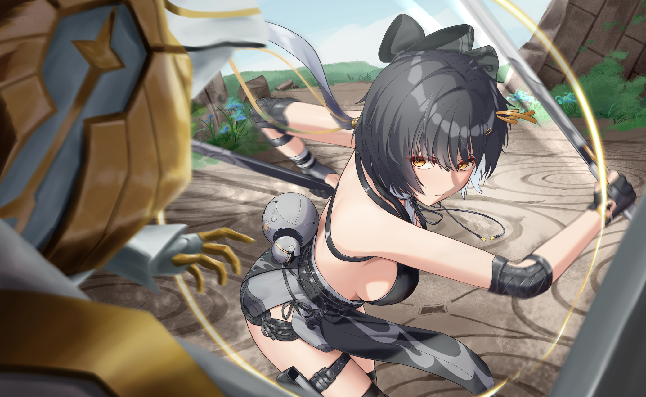 keika (otsukare), female rover (wuthering waves), rover (wuthering waves), wuthering waves, commentary, highres, 1girl, black bow, black dress, black gloves, black shorts, bow, breasts, closed mouth, dress, elbow pads, gloves, hair bow, holding, holding sword, holding weapon, medium breasts, pangu terminal (wuthering waves), short shorts, shorts, sleeveless, sleeveless dress, solo, sword, tacet mark (wuthering waves), weapon, yellow eyes
