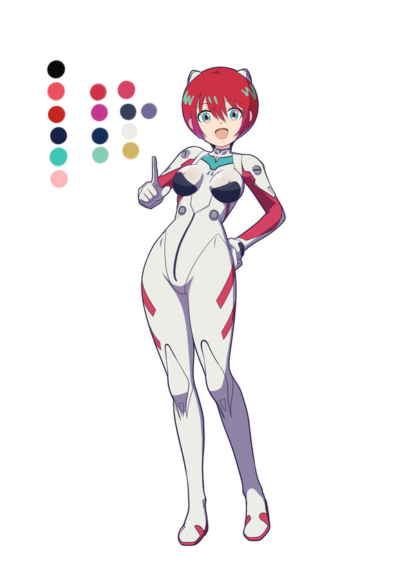 moke ro, amate yuzuriha, gundam, gundam gquuuuuux, neon genesis evangelion, commentary request, 1girl, bodysuit, breasts, cosplay, full body, green eyes, hand on own hip, large breasts, looking at viewer, mecha pilot suit, plugsuit (evangelion), red hair, short hair, smile, solo, standing, white bodysuit