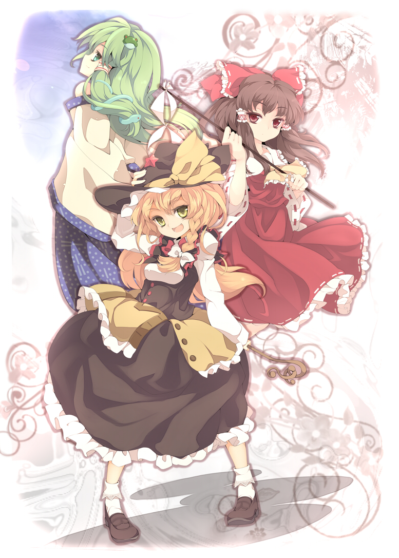 uruu gekka, hakurei reimu, kirisame marisa, kochiya sanae, touhou, undefined fantastic object, 3girls, blonde hair, bow, braid, brown hair, detached sleeves, female focus, frog, green eyes, green hair, hair bow, hair ornament, hat, japanese clothes, long hair, miko, multiple girls, red eyes, short hair, snake, witch, witch hat, yellow eyes