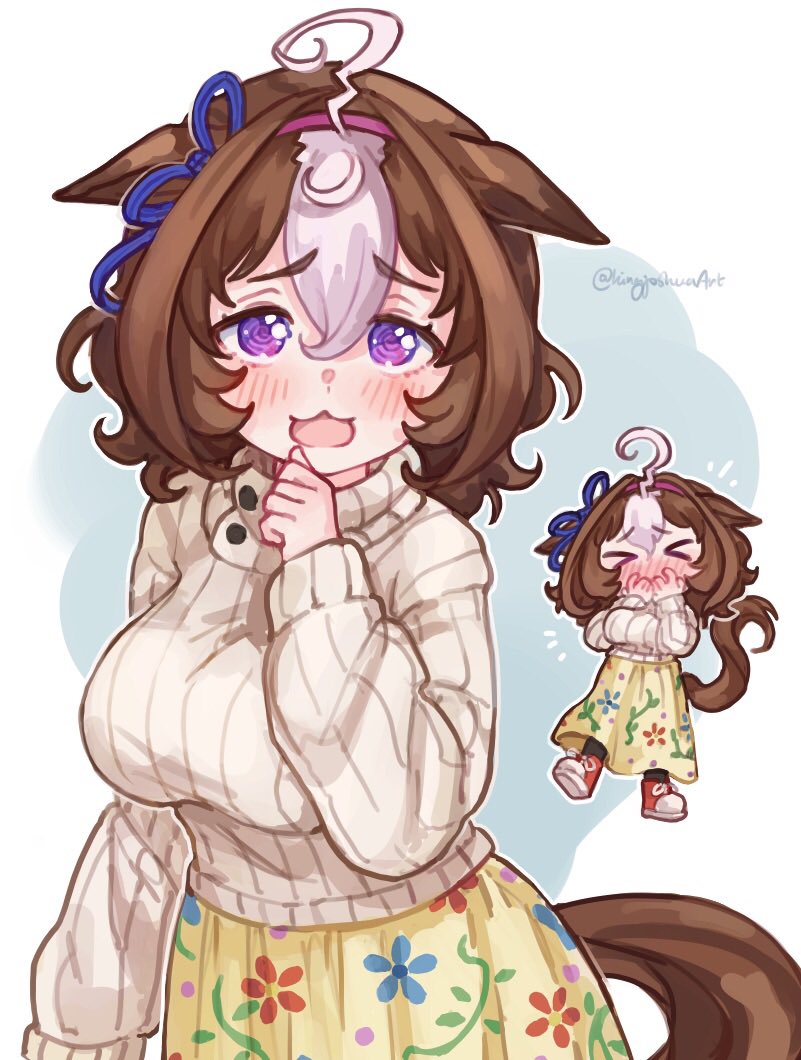 kingjoshua, meisho doto (casual) (umamusume), meisho doto (umamusume), umamusume, commentary request, 1girl, :3, @ @, ahoge, animal ears, artist name, blush, breasts, brown hair, brown sweater, chibi, chibi inset, floral print, floral print skirt, grey hair, horse ears, horse girl, horse tail, large breasts, long sleeves, looking at viewer, multicolored hair, open mouth, print skirt, purple eyes, red shoes, shoes, short hair, skirt, streaked hair, sweater, tail, twitter username, yellow skirt