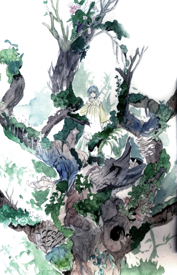 umishima senbon, original, bad id, bad pixiv id, 1girl, female focus, flower, in tree, leaf, nature, solo, tree