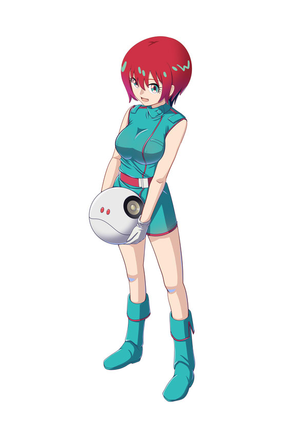 moke ro, amate yuzuriha, haro, gundam, gundam gquuuuuux, zeta gundam, commentary request, 1girl, boots, breasts, cosplay, dress, full body, gloves, green boots, green dress, green eyes, large breasts, red hair, short hair, sleeveless, sleeveless dress, smile, solo, standing, white gloves