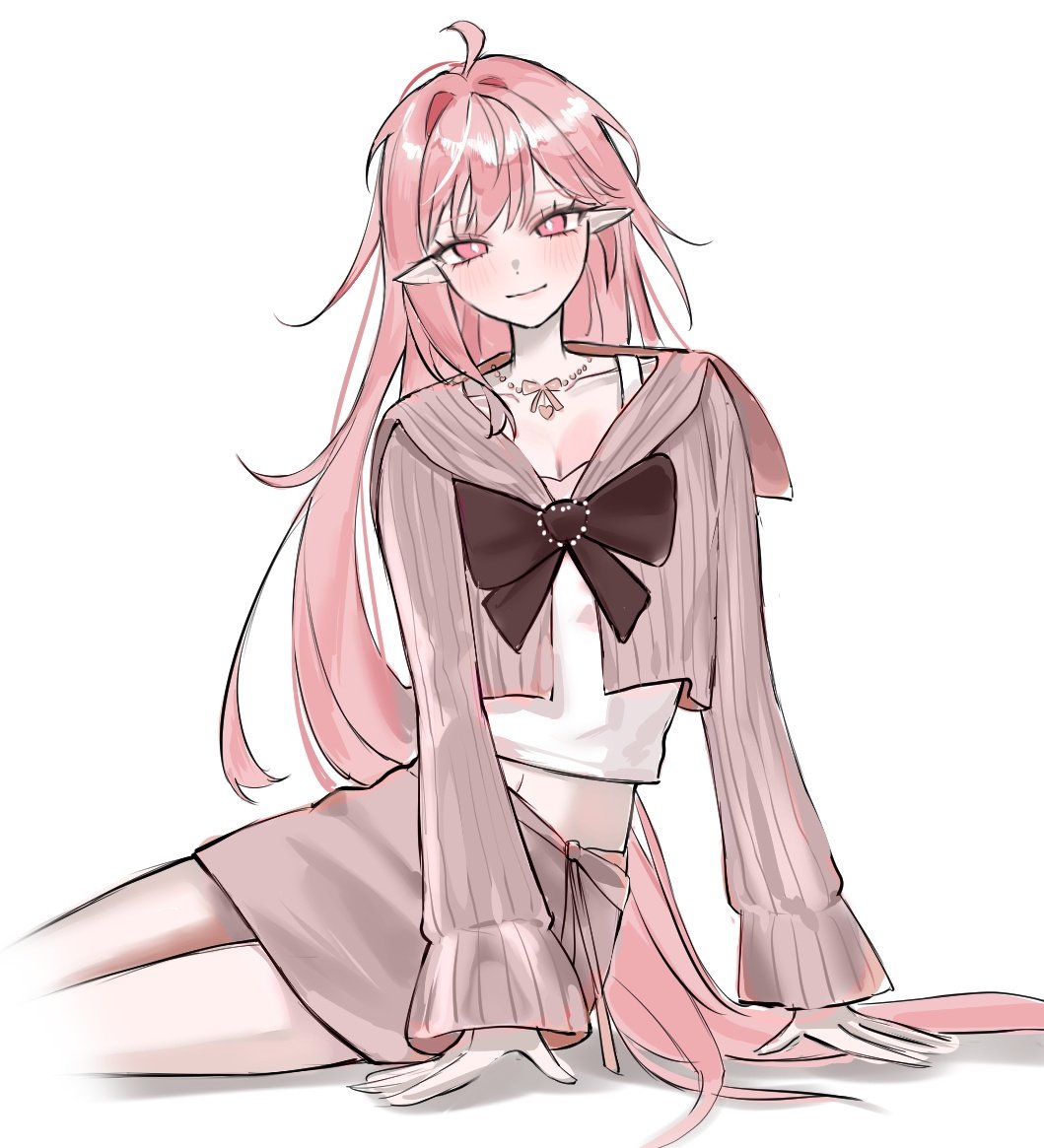 cyrene (demiurge) (honkai: star rail), cyrene (honkai: star rail), honkai: star rail, honkai (series), 1girl, ahoge, alternate costume, breasts, cleavage, long hair, midriff peek, navel, pink eyes, pink hair, pointy ears, purple skirt, purple sweater, shirt, skirt, smile, solo, ssamsa0404, sweater, thighs, very long hair, white shirt