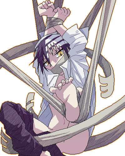 death the kid, soul eater, lowres, 00s, barefoot, bdsm, black hair, bondage, bound, feet, male focus, navel, oekaki, open clothes, open shirt, pants around one leg, restrained, shirt, tentacles, tentacles on male, undressing, yellow eyes, you gonna get raped