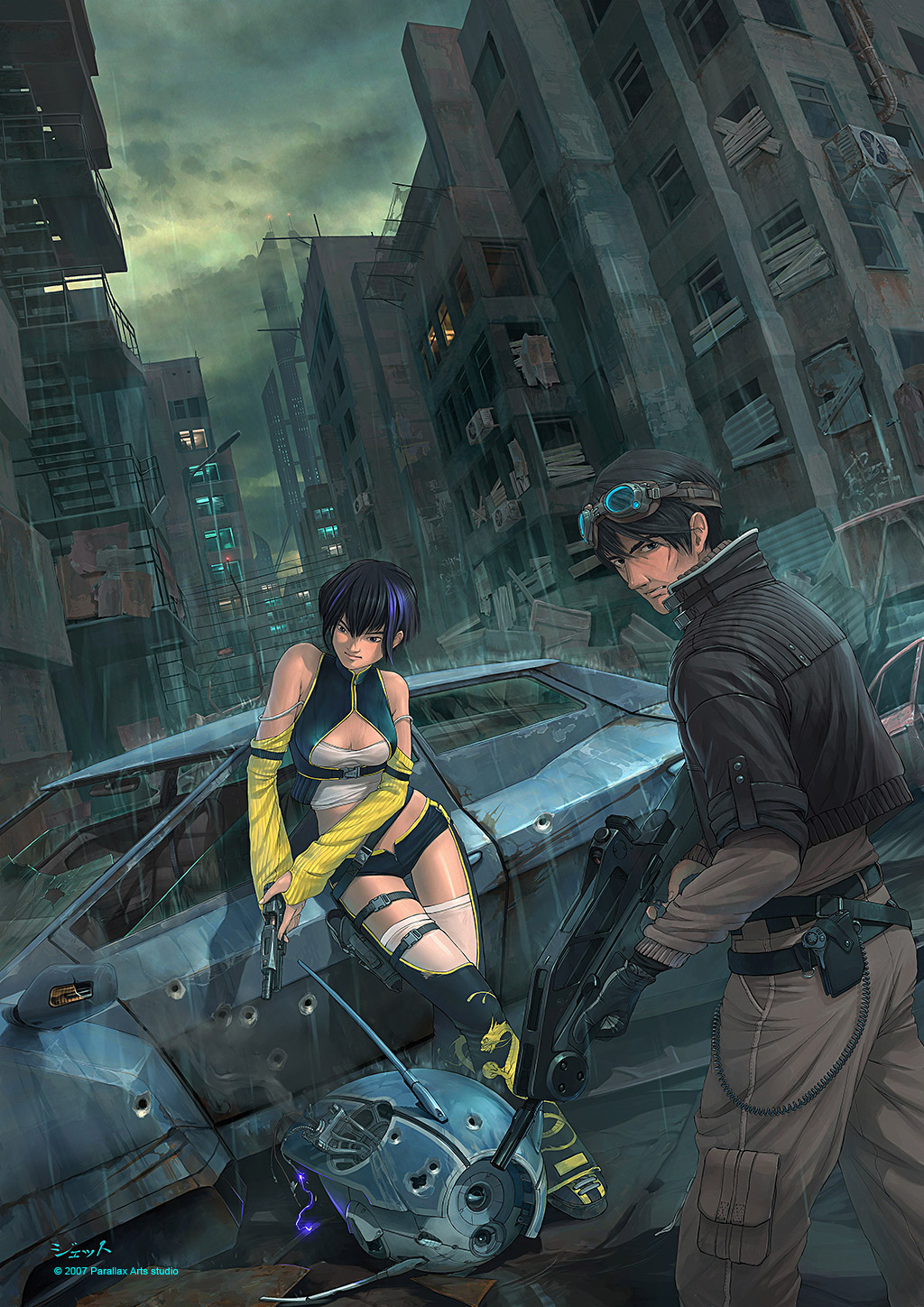 dmitry popov, kat wong, hypnophobia, highres, 1boy, 1girl, assault rifle, breasts, bullpup, car, city, cleavage, cocking gun, goggles, gun, handgun, holster, motor vehicle, rain, rifle, robot, semi-automatic pistol, short hair, thigh holster, thigh strap, thighhighs, urban, weapon