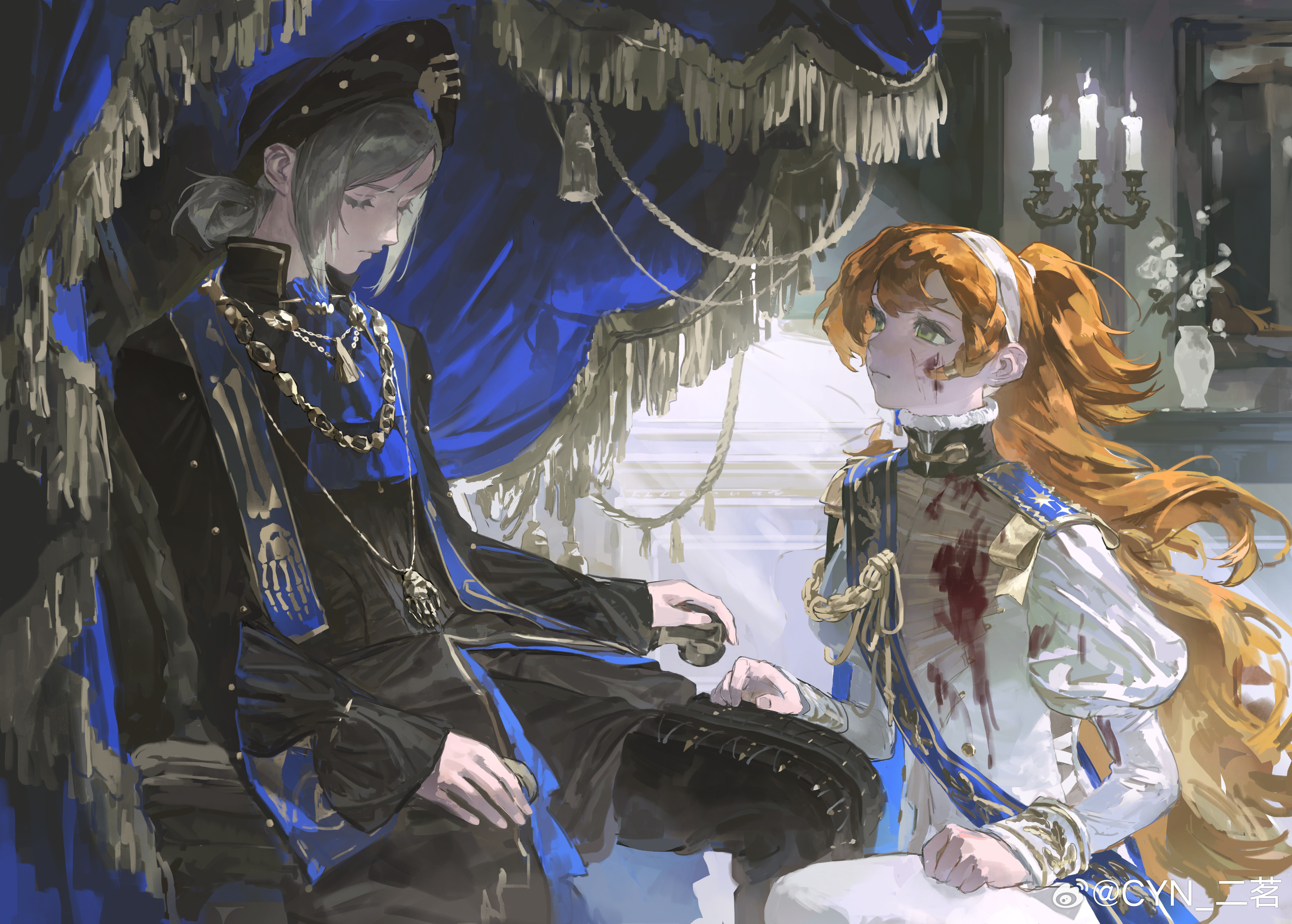 erming225, sonetto (reverse:1999), vertin (reverse:1999), reverse:1999, absurdres, highres, 2girls, alternate costume, alternate universe, ascot, black dress, black hat, black pants, blood, blood on clothes, blood on face, blue ascot, blue sash, candle, candlestand, chair, closed eyes, dark persona, dress, epaulettes, feet out of frame, green eyes, grey hair, hair bun, hat, indoors, jacket, juliet sleeves, long hair, long sleeves, looking at another, missing commentary, multiple girls, on chair, orange hair, pants, pants under dress, profile, puffy sleeves, sash, short hair, shoulder sash, single side bun, sitting, two side up, vase, watermark, weibo watermark, white jacket, white pants