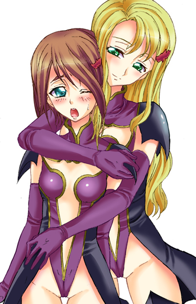 liliana vergamon, marika soresi, valkyrie (code geass), code geass, 00s, 2girls, blonde hair, blue eyes, blush, brown hair, elbow gloves, gloves, green eyes, hug, hug from behind, long hair, multiple girls, open mouth, short hair, sweatdrop, tight clothes, wince, yuri