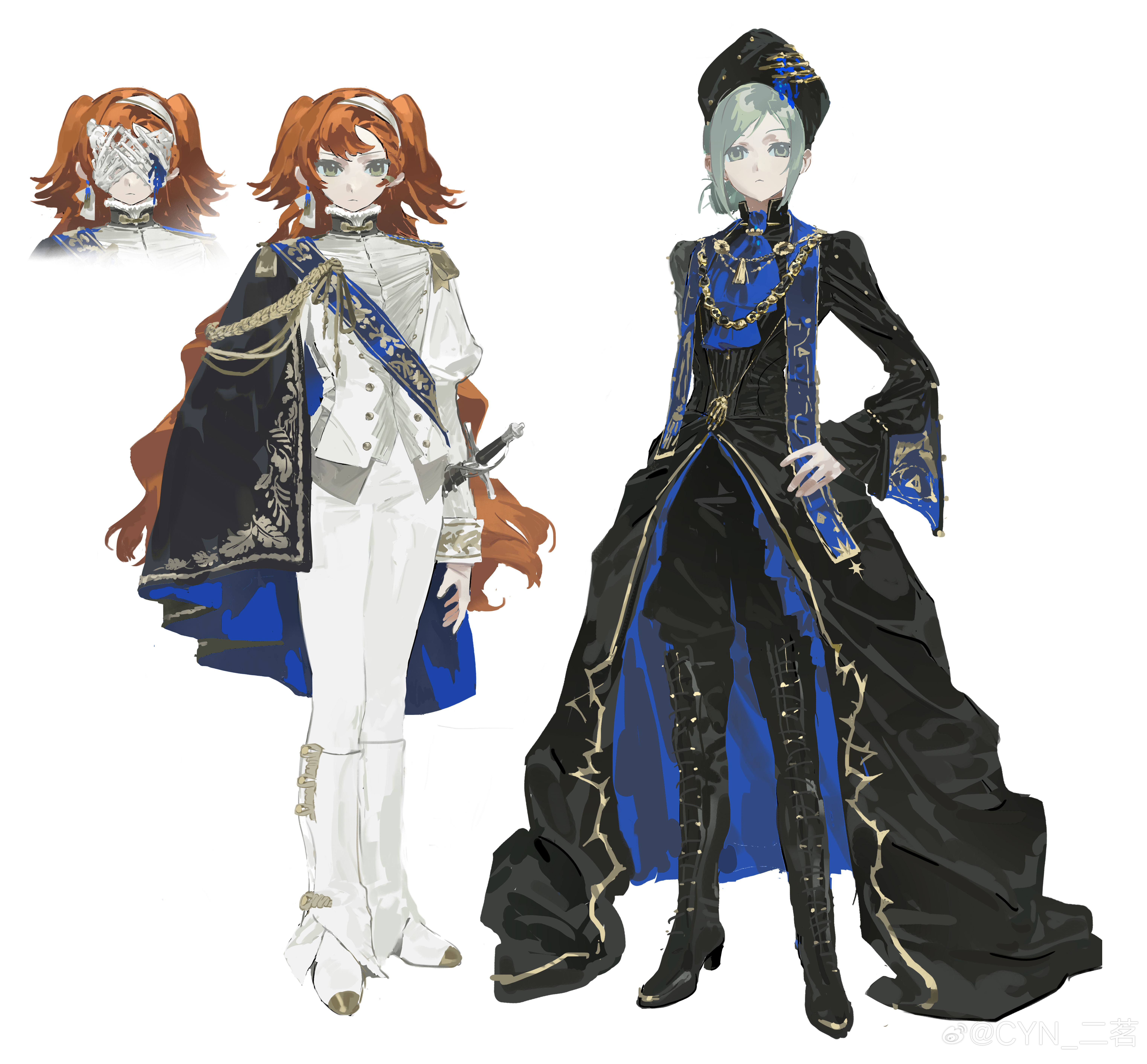 erming225, sonetto (reverse:1999), vertin (reverse:1999), reverse:1999, absurdres, highres, alternate costume, alternate universe, ascot, black boots, black cape, black dress, black hat, black pants, blue ascot, blue sash, boots, cape, covered eyes, dark persona, dress, epaulettes, green eyes, grey eyes, grey hair, hair bun, hand on own hip, hat, jacket, juliet sleeves, long hair, long sleeves, looking at viewer, missing commentary, orange hair, overskirt, pants, pants under dress, puffy sleeves, sash, short hair, shoulder sash, side cape, single side bun, standing, thigh boots, two side up, watermark, weibo watermark, white background, white jacket, white mask, white pants