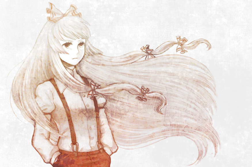 kemuma, fujiwara no mokou, touhou, silver hair, bad id, bad pixiv id, 1girl, female focus, hair ribbon, long hair, monochrome, orange eyes, orange theme, pants, ribbon, solo, suspenders, very long hair