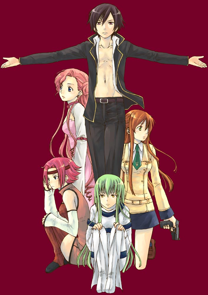 c.c., euphemia li britannia, kouzuki kallen, lelouch vi britannia, shirley fenette, code geass, death note, 1boy, 4girls, belt, black hair, breasts, choker, fingernails, green hair, gun, harem, long hair, multiple girls, open clothes, open shirt, parody, pimp, pink hair, purple eyes, school uniform, shirt, squatting, straitjacket, thighhighs, very long hair, weapon, yellow eyes