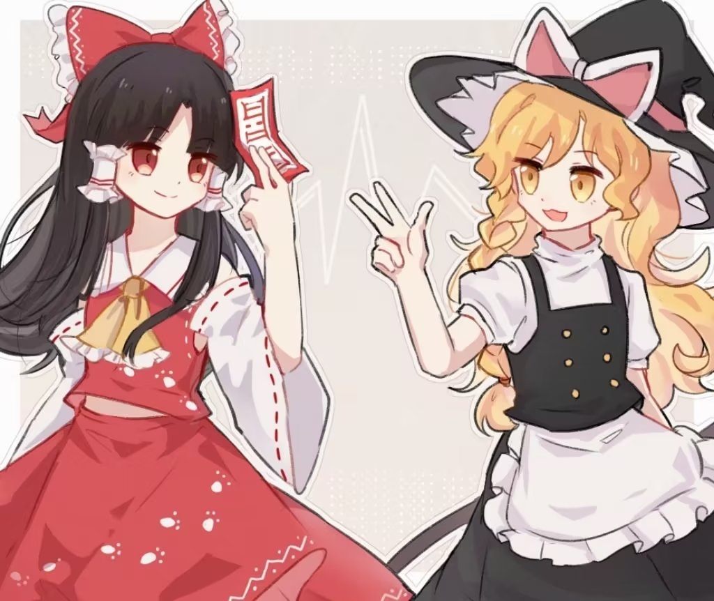 hakurei reimu, kirisame marisa, touhou, unfinished dream of all living ghost, chinese commentary, commentary request, 2girls, apron, ascot, black hat, black skirt, black vest, blonde hair, bow, braid, broom, brown eyes, brown hair, closed mouth, detached sleeves, eye contact, frilled bow, frilled hair tubes, frills, hair bow, hair tubes, hat, hat with ears, holding, holding ofuda, long hair, looking at another, multiple girls, nizi nnz, official alternate costume, ofuda, open mouth, paw print, paw print pattern, puffy short sleeves, puffy sleeves, red bow, red eyes, red skirt, ribbon-trimmed sleeves, ribbon trim, short sleeves, side braid, single braid, skirt, skirt set, smile, vest, w, white apron, witch hat, yellow ascot