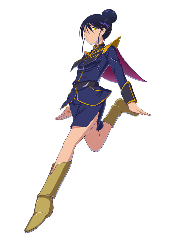 moke ro, nyaan (gundam gquuuuuux), gundam, gundam gquuuuuux, commentary request, 1girl, black hair, blue dress, blue skirt, boots, cape, dress, full body, hair bun, military uniform, skirt, solo, yellow eyes