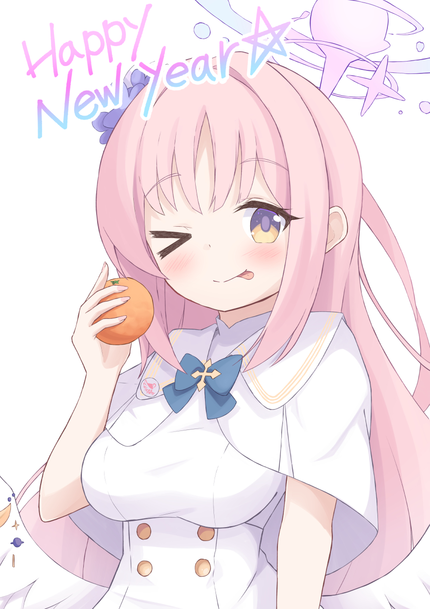 yuki (user tjvn3757), mika (blue archive), blue archive, commentary request, highres, > o, 1girl, angel wings, blue bow, blush, bow, breasts, buttons, closed mouth, dress, feathered wings, flower, food, fruit, hair bun, hair flower, hair ornament, halo, happy new year, high-waist skirt, holding, holding food, holding fruit, long hair, looking at viewer, low wings, medium breasts, new year, one eye closed, pink hair, pink halo, simple background, single hair bun, single side bun, skirt, smile, solo, tongue, tongue out, upper body, very long hair, white background, white dress, white wings, wings, yellow eyes