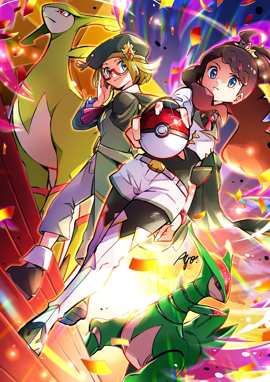 ayo (ayosanri009), bianca (champion) (pokemon), bianca (pokemon), hilda (champion) (pokemon), hilda (pokemon), iron leaves, virizion, nintendo, pokemon, pokemon masters ex, commentary request, highres, 2girls, adjusting eyewear, ascot, black pantyhose, black sclera, black shirt, blonde hair, boots, brown hair, cape, closed mouth, colored sclera, confetti, eyelashes, gem, gen 5 pokemon, glasses, glint, green cape, green eyes, green hat, grey pants, hat, holding, holding poke ball, jacket, legendary pokemon, long hair, long sleeves, multiple girls, necktie, non-humanoid robot, official alternate costume, official alternate hairstyle, pants, pantyhose, pink eyes, pink gem, poke ball, poke ball (basic), pokemon (creature), red-framed eyewear, red ascot, red necktie, robot, robot animal, shirt, short hair, shorts, signature, smile, tiara, white boots, white jacket, white shorts