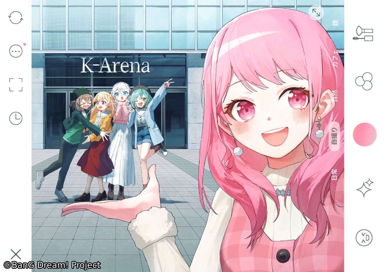 potg (piotegu), hikawa hina, maruyama aya, shirasagi chisato, wakamiya eve, yamato maya, bang dream!, commentary request, official art, second-party source, > <, 5girls, aqua hair, beanie, black hat, black pants, black shoes, blonde hair, blue eyes, blue jacket, blue shorts, blush, braid, brown hair, cardigan, earrings, fake screenshot, green eyes, green hat, grey shoes, guest art, hat, jacket, jewelry, k-arena yokohama, long hair, long sleeves, medium hair, multiple girls, open mouth, outdoors, pants, pastel palettes (bang dream!), pink eyes, pink hair, pink sweater, purple eyes, red skirt, red socks, selfie, shoes, shorts, skirt, socks, sweater, teeth, twin braids, upper teeth only, white hair, white skirt, yellow cardigan