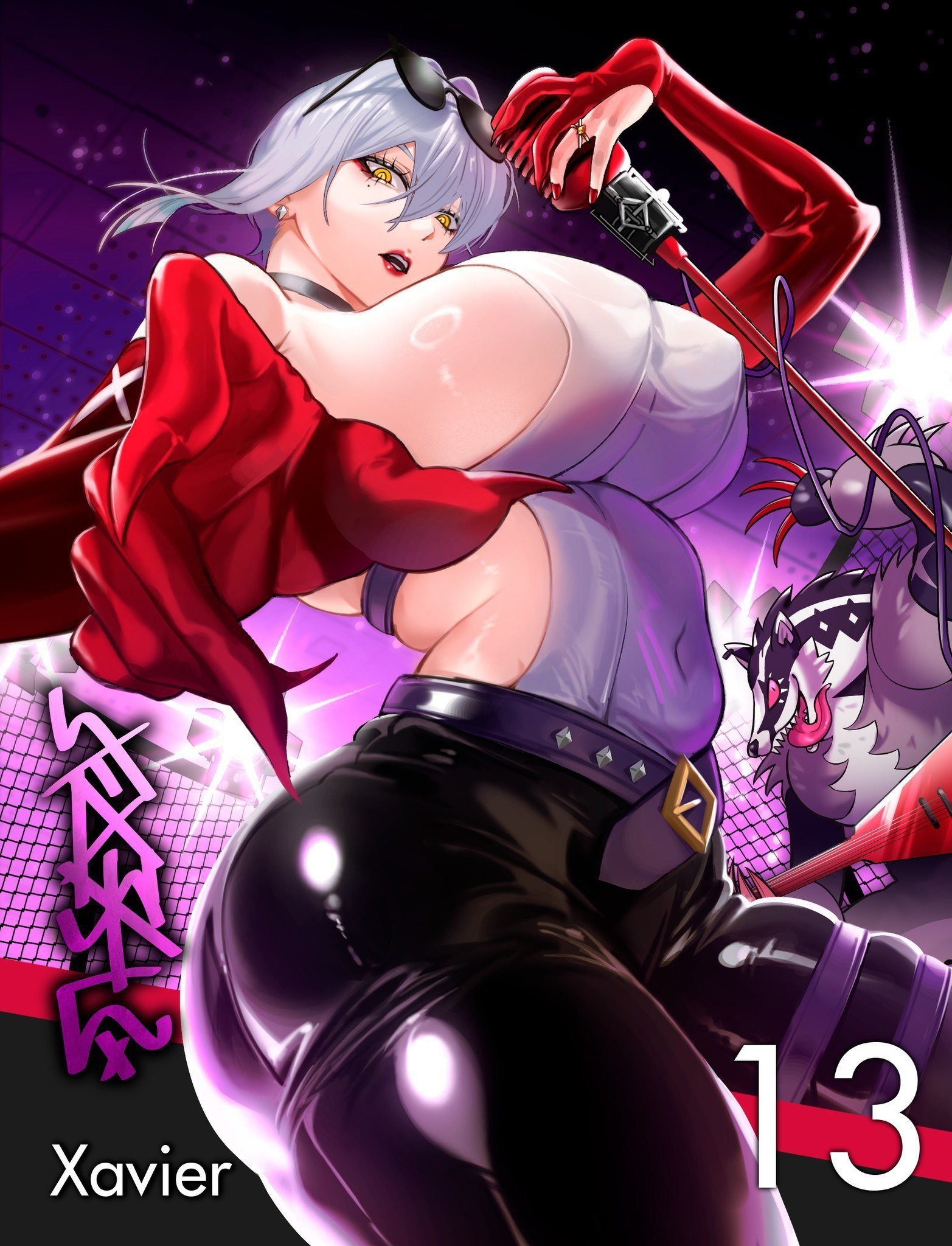 original, commentary, highres, symbol-only commentary, 1girl, arched back, asymmetrical gloves, breasts, choker, cowboy shot, elbow gloves, eyewear on head, from below, gloves, holding, holding microphone stand, microphone stand, nyxcisme, reaching, reaching towards viewer, red gloves, sideboob, yellow eyes