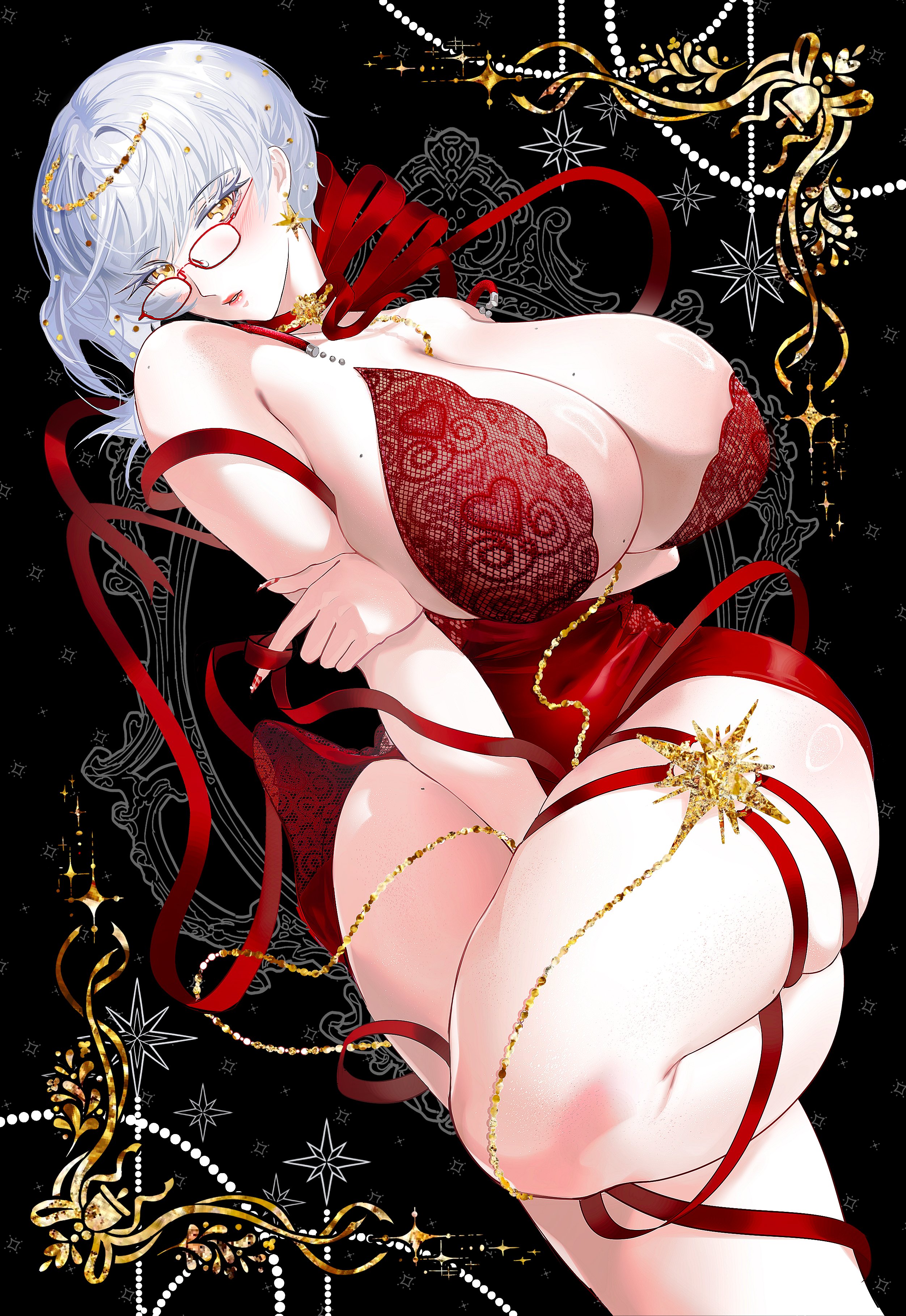 original, absurdres, commentary, highres, symbol-only commentary, 1girl, arm under breasts, breasts, glasses, huge breasts, knee up, lying, nyxcisme, red ribbon, ribbon, solo, white hair, yellow eyes